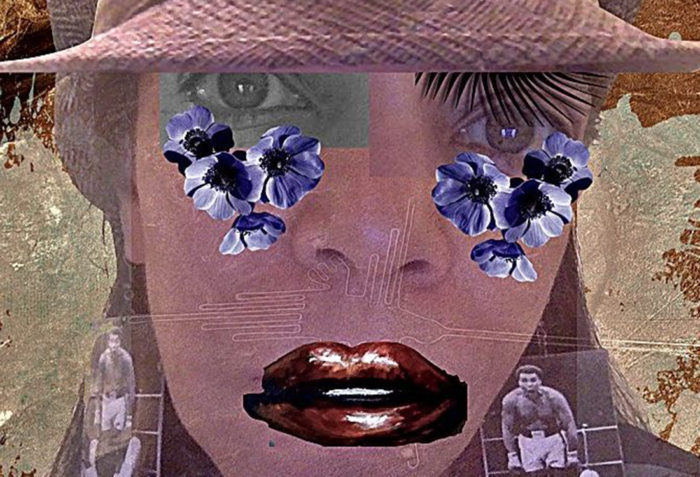 A digital collage of decorative elements superimposed over a photo of ODL fellow Andrea Walls including a hat, purple flowers, and earrings with photos of Malcolm X.