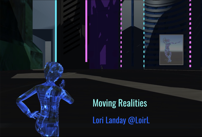A poster for Moving Realities featuring a digitally-rendered figure standing in a colorful virtual performance space.