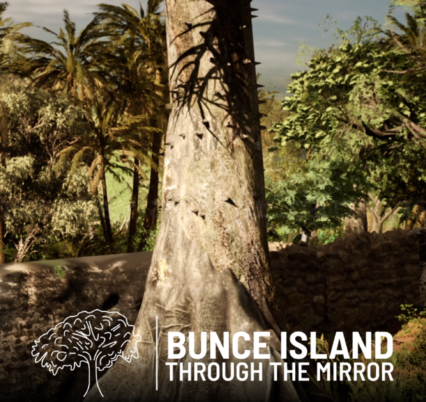 A poster for Bunce Island: Through the Mirror featuring the project's logo superimoposed over a digitally-rendered virtual environment.