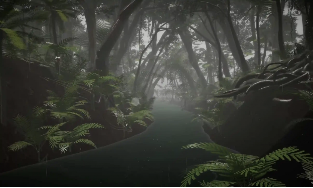 A screenshot from Gondwana featuring a 3D-rendered rainforest scene. Trees and ferns line the sides of the image with a river running through the center.