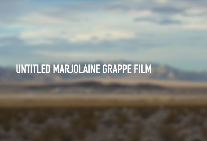 An out-of-focus image of a mountain landscape with the words "Untitled Marjolaine Grappe Film" written on top in all-caps, white text.