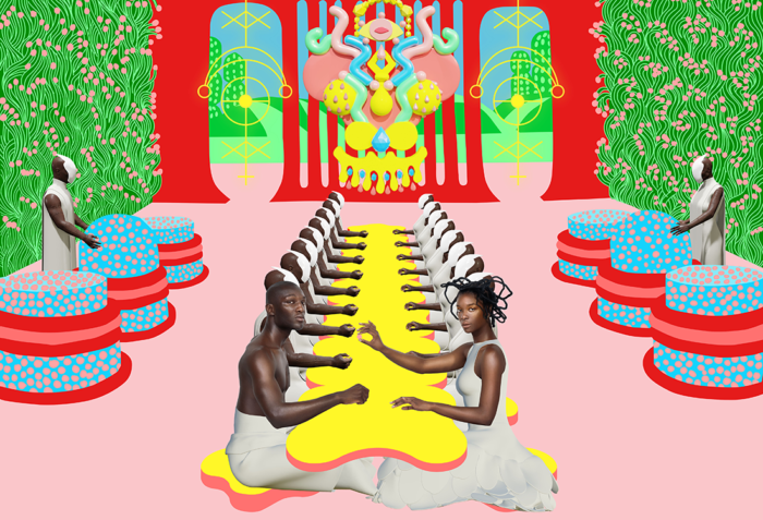 A computer-generated image of African figures in white clothng seated at a yellow table in front of a colorful background.