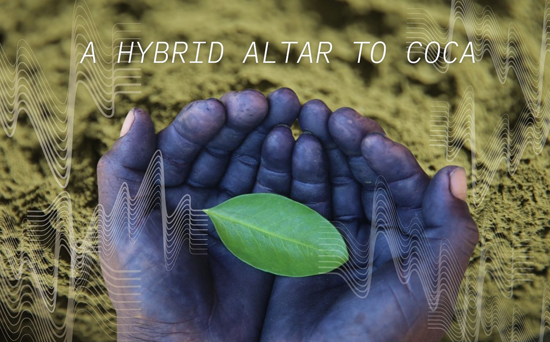 A photo of two darkened hands cupped together to hold a coca leaf with sound waves coming out of it. The hands are in front of a green background. At the top, "A Hybrid Altar to Coca" is written in all-caps white text.