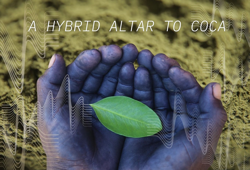 A photo of two darkened hands cupped together to hold a coca leaf with sound waves coming out of it. The hands are in front of a green background. At the top, "A Hybrid Altar to Coca" is written in all-caps white text.